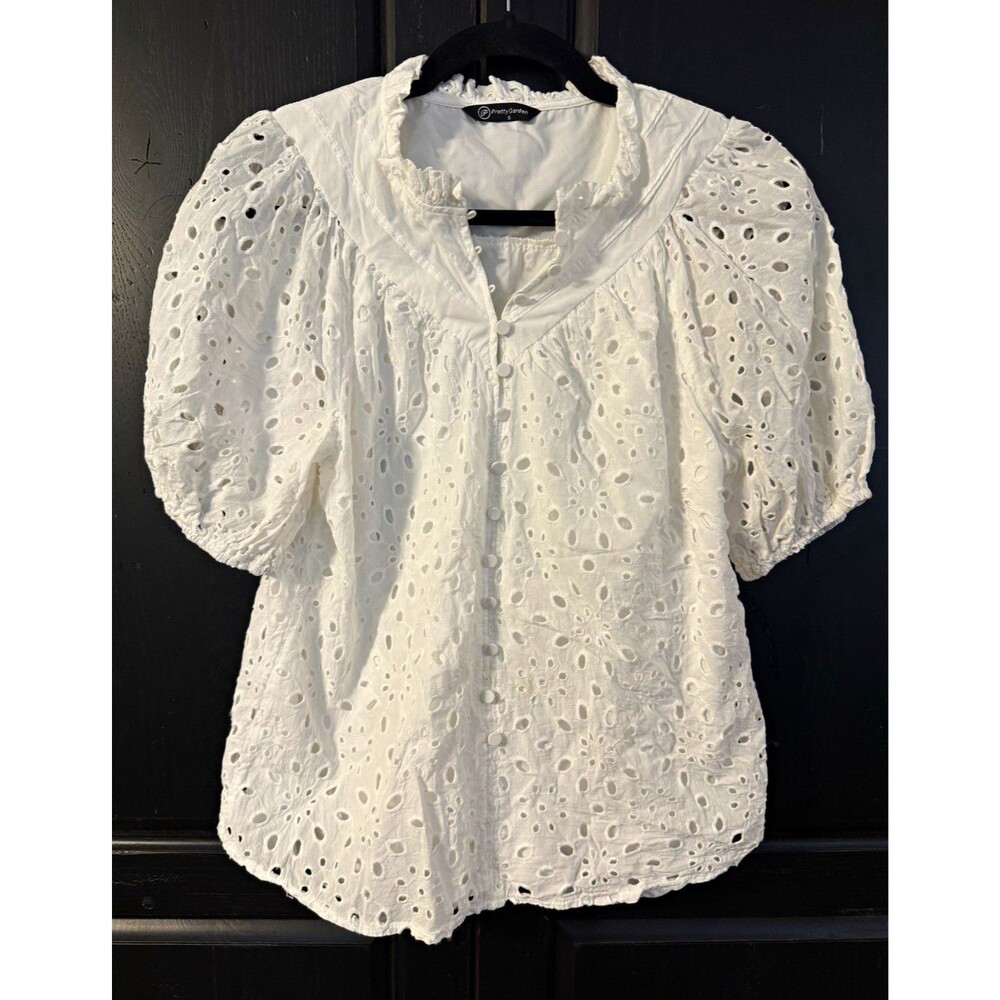 PrettyGarden White Solid Eyelet Collared Button Front Puff Sleeve Blouse S